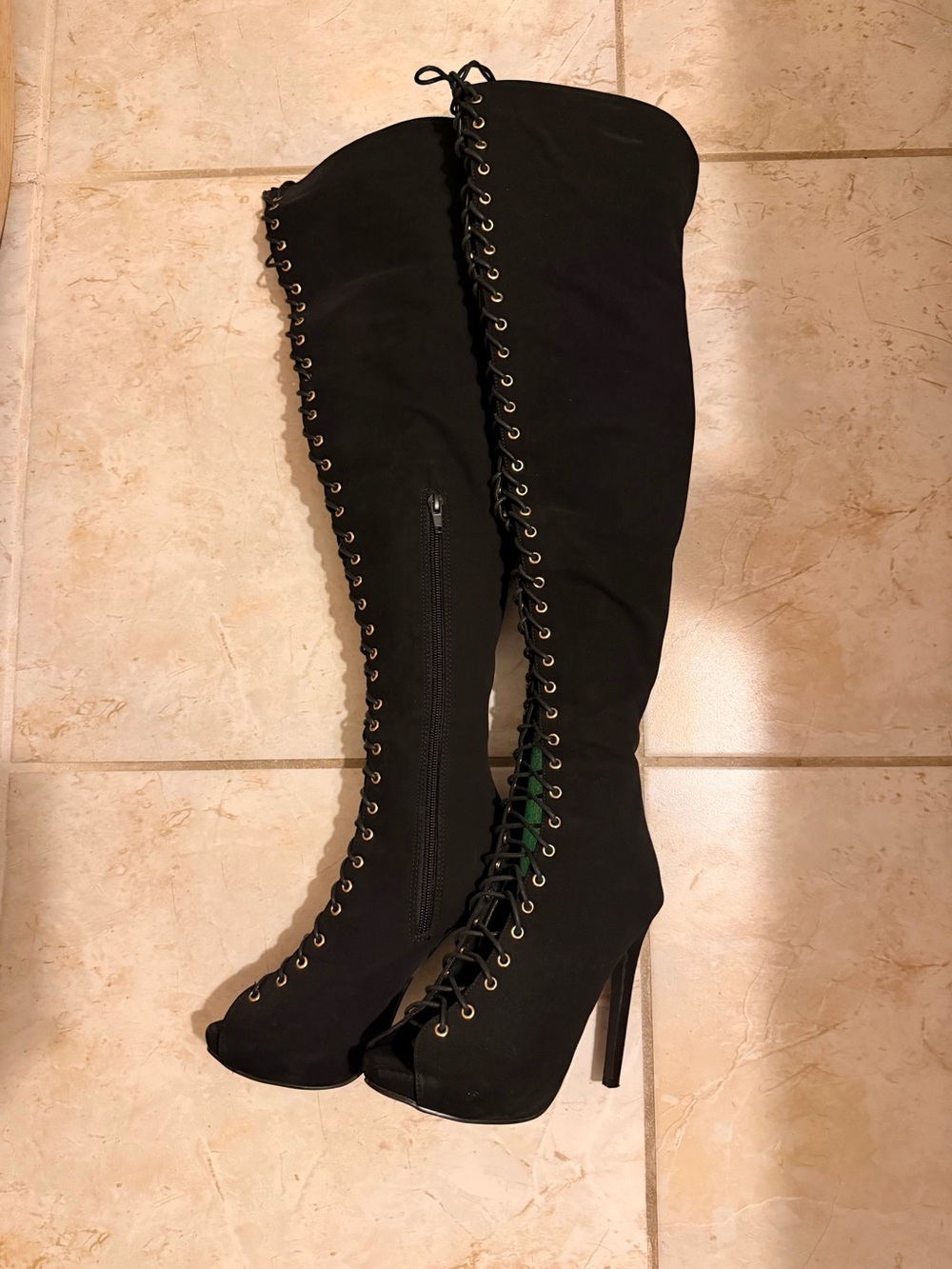 Black Over-the-Knee Lace-Up Peep-Toe Stiletto Boots